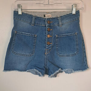 Roxy The Sun Shines Denim High Rise Button Womens Shorts Size 27 Cut off Raw Hem